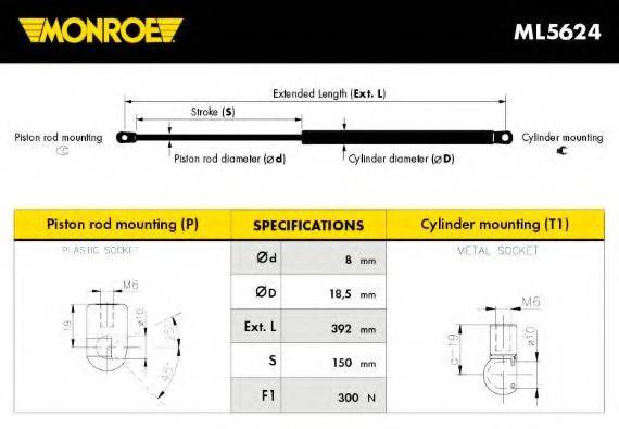 Газова пружина, капот MONROE ML5624