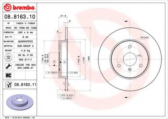 Тормозной диск BREMBO 08.8163.10