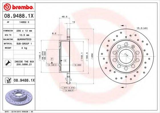 гальмівний диск BREMBO 08.9488.1X