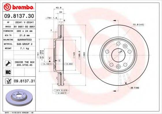 гальмівний диск BREMBO 09.8137.31