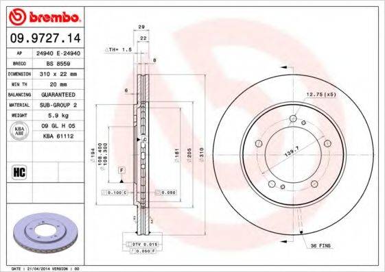 гальмівний диск BREMBO 09.9727.14