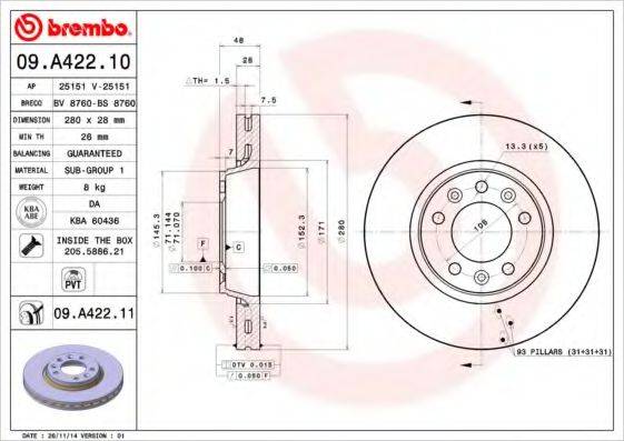 гальмівний диск BREMBO 09.A422.10