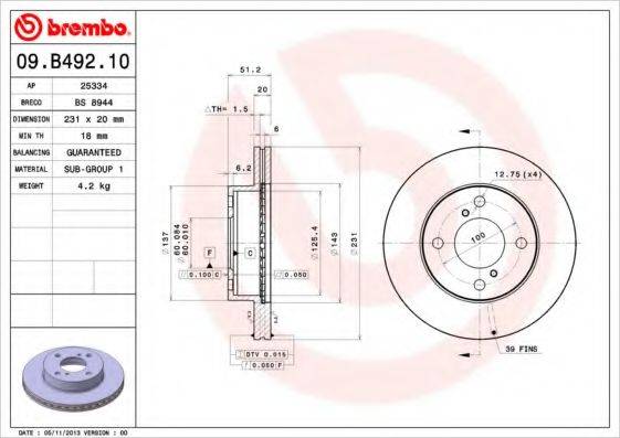 гальмівний диск BREMBO 09.B492.10